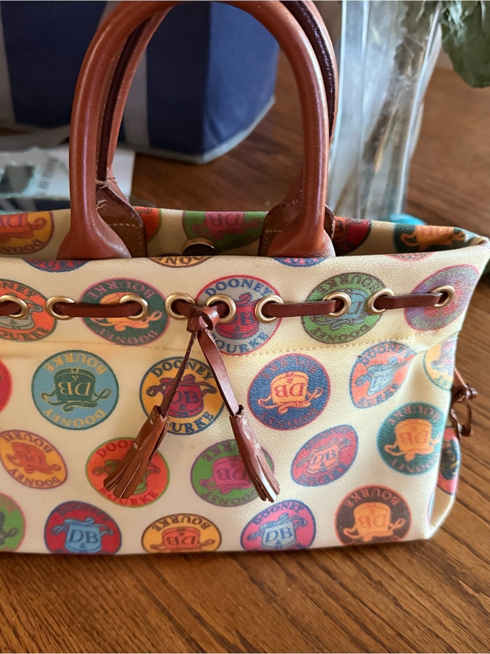 Dooney & Bourke Multicolor Logo Circle Tote with Brown Leather Trim